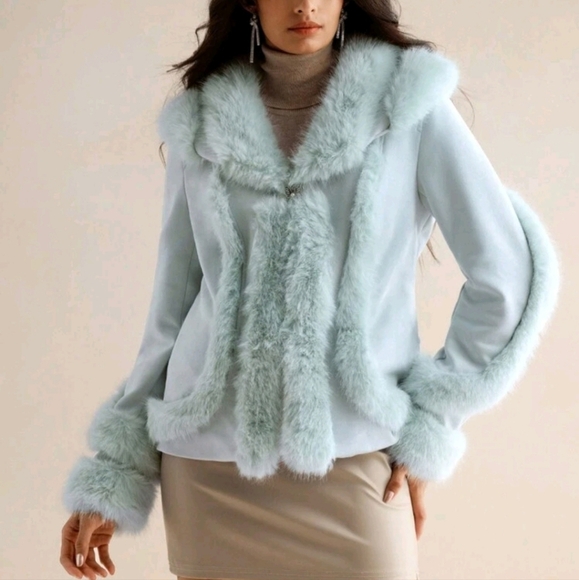 Women's Solid Color Patchwork Fluffy Long Sleeve Loose Fashion Jacket,Winter - Picture 4 of 6